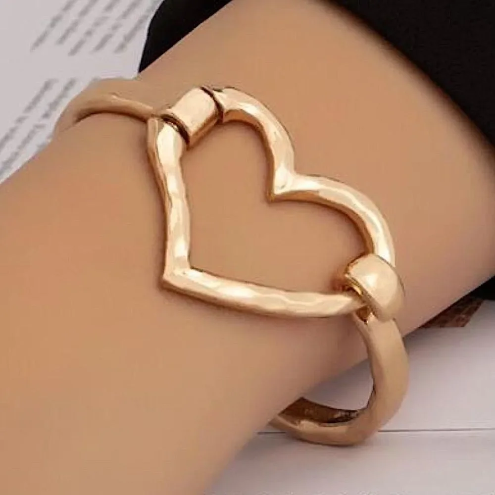 Chunky Gold Hammered Heart Cuff Bracelet Boho Statement Open Heart Bangle